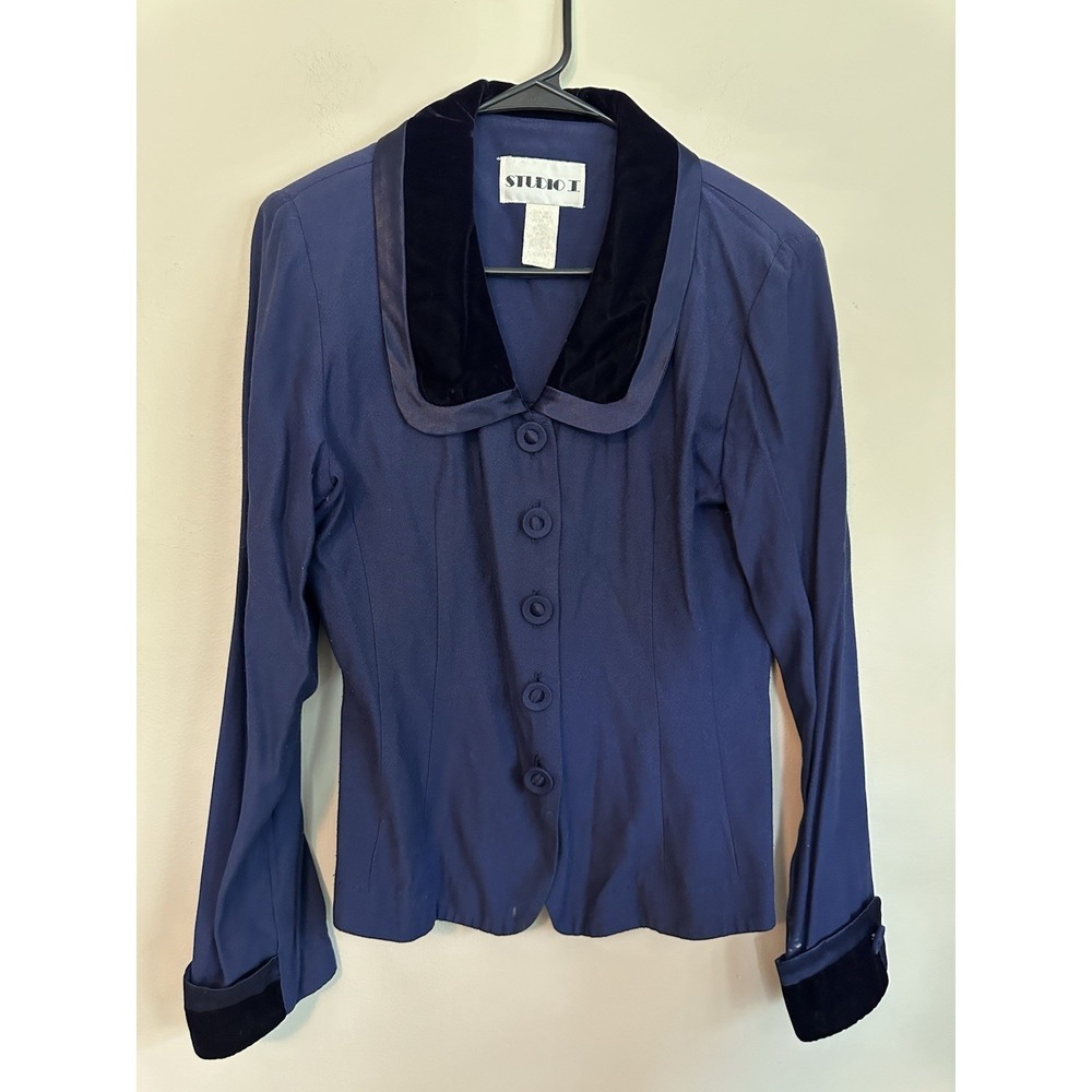 Vintage 60s Silk Crepe Jacket Blouse Navy Blue Velvet Collar Romantic Twee